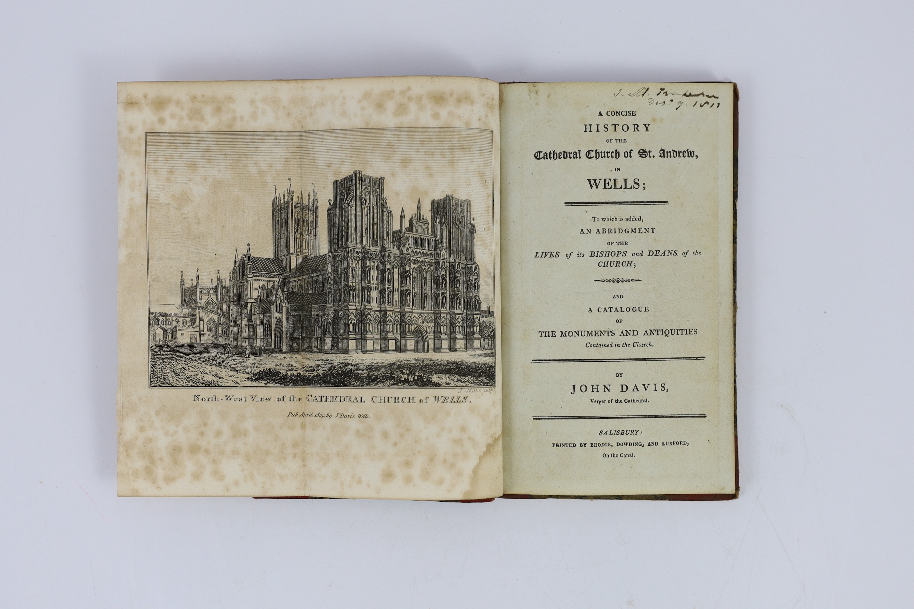 SOMERSET: Davis, John - A Concise History of the Cathedral Church of St. Andrew, in Wells....folded frontis., contemp. roan backed marbled boards, 12mo. Salisbury, (1809); Davis, John - A Concise History of the Cathedral